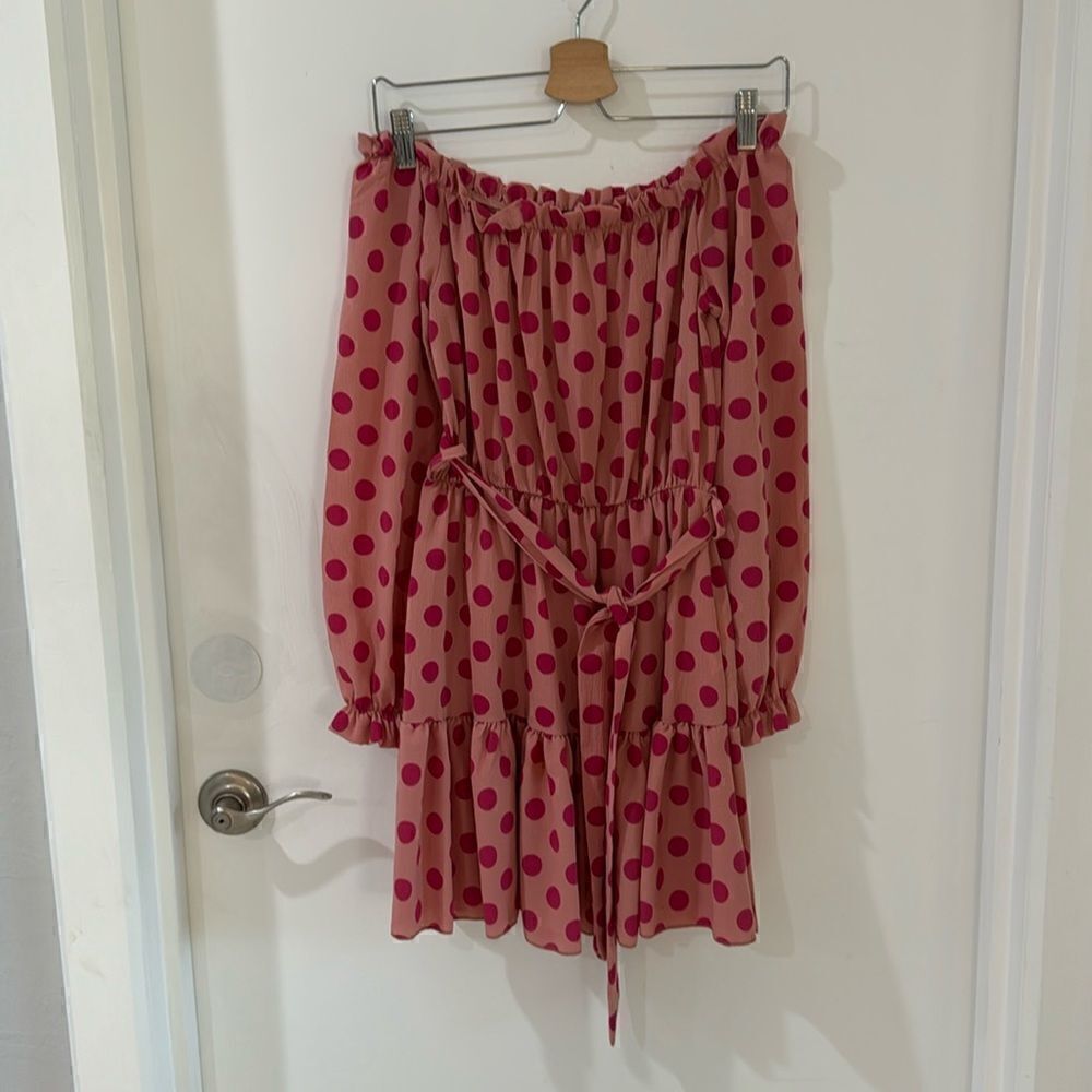 PRETTY LITTLE THING pink polka dot ruffle off shoulder dress empire waist belt 6 - Picture 5 of 10